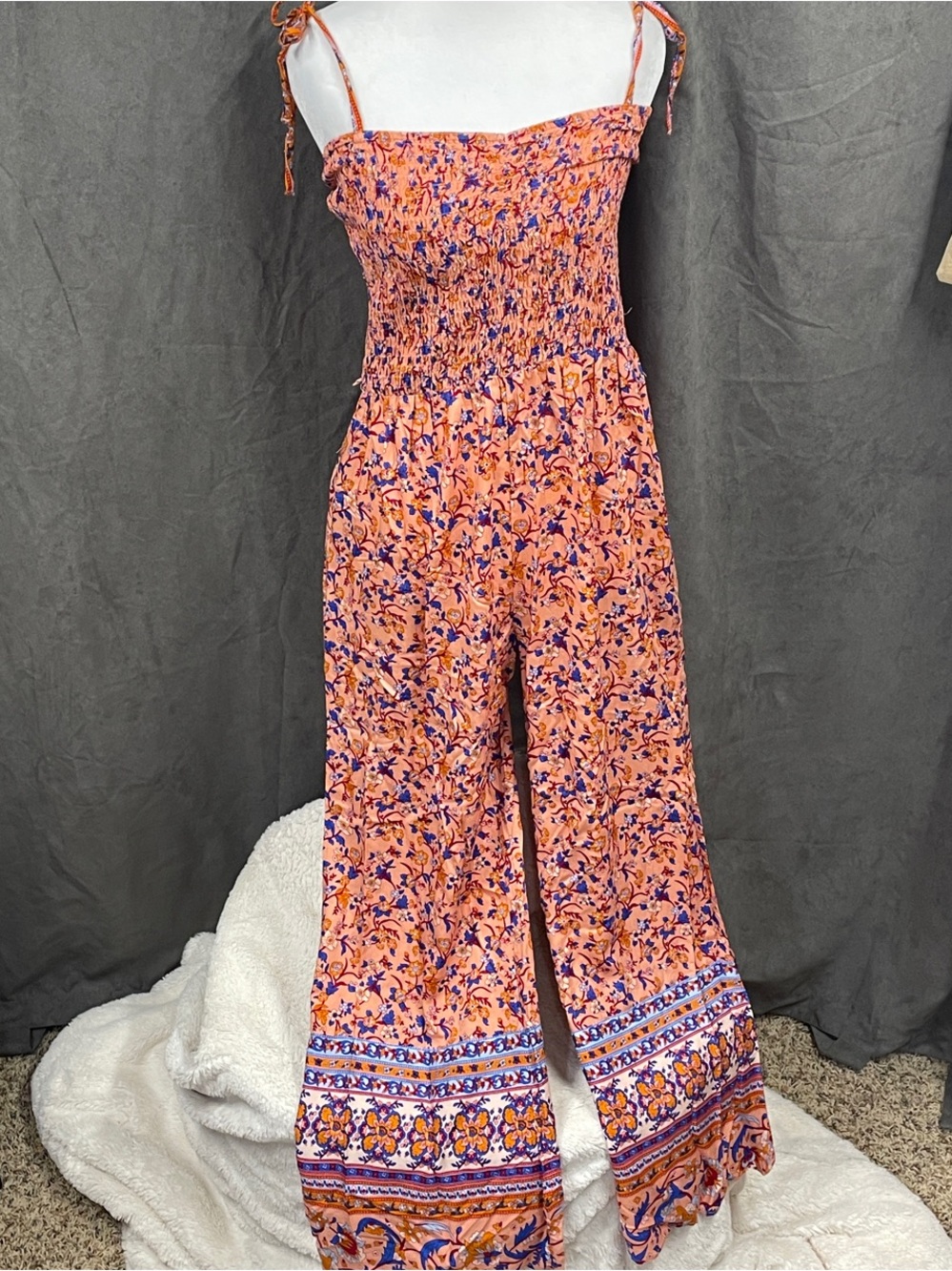 Umgee Coral and Purple Floral Smocked Wide-Leg Jumpsuit